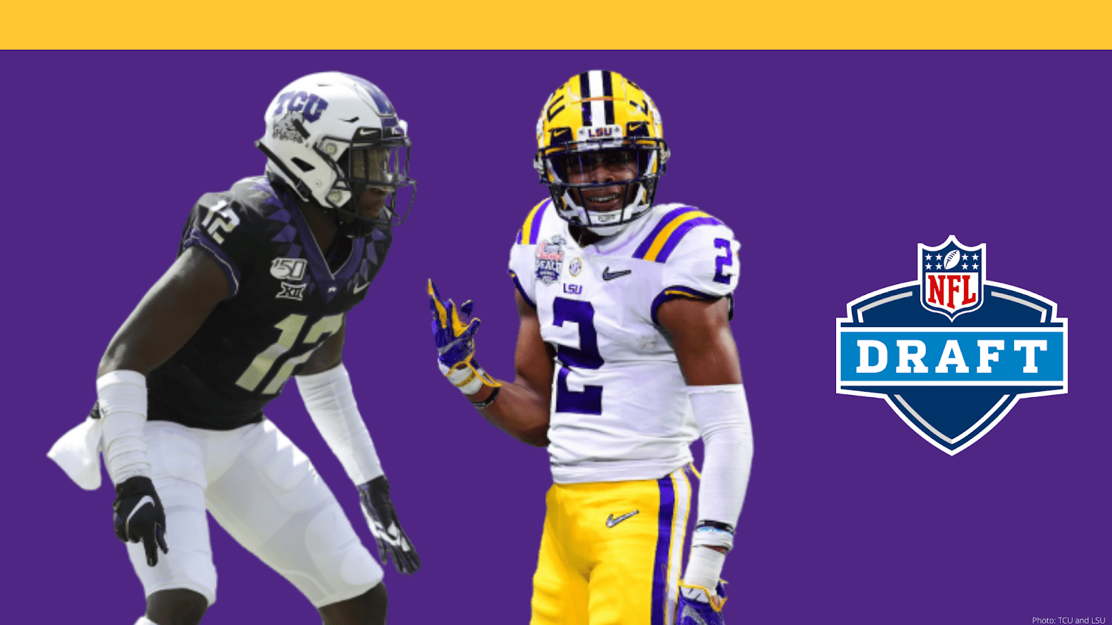 A photo of two college football players and the NFL Draft logo on a purple background. One player is from TCU and one is from LSU