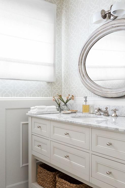 Bathroom With Gray Trellis Wallpaper And Wainscoting