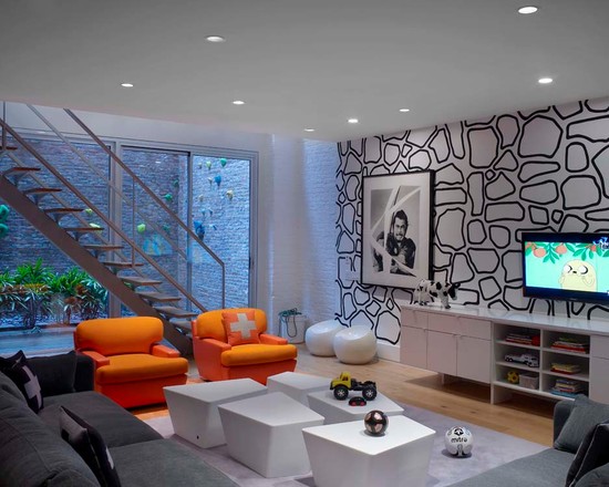 Fancy Modern Living Room Design With Patterned Wallpaper Tribeca