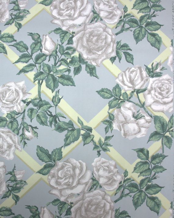 S Vintage Wallpaper White Cabbage Roses On Blue Background Yellow