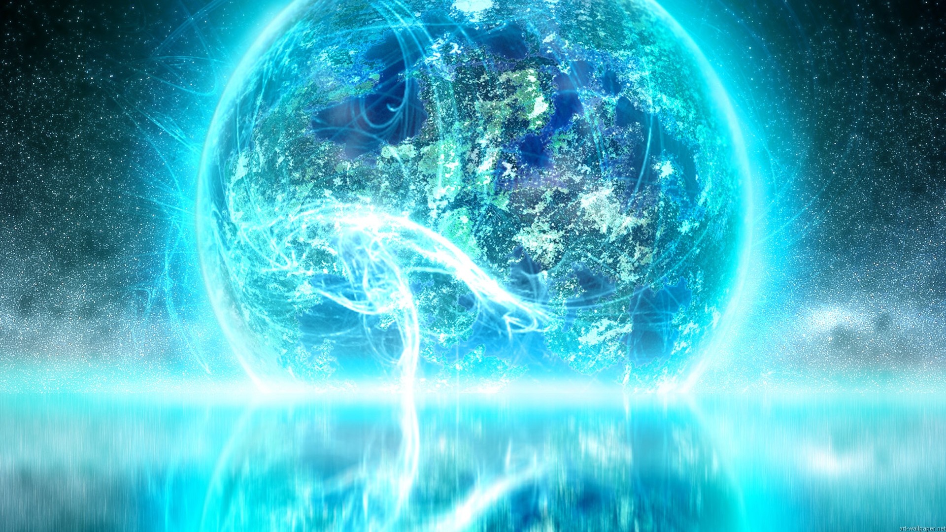 A vibrant, electric blue planet hovers above a reflective surface, possibly water, against a backdrop of a starry sky. Light streaks emanate from the planet, creating a mesmerizing visual