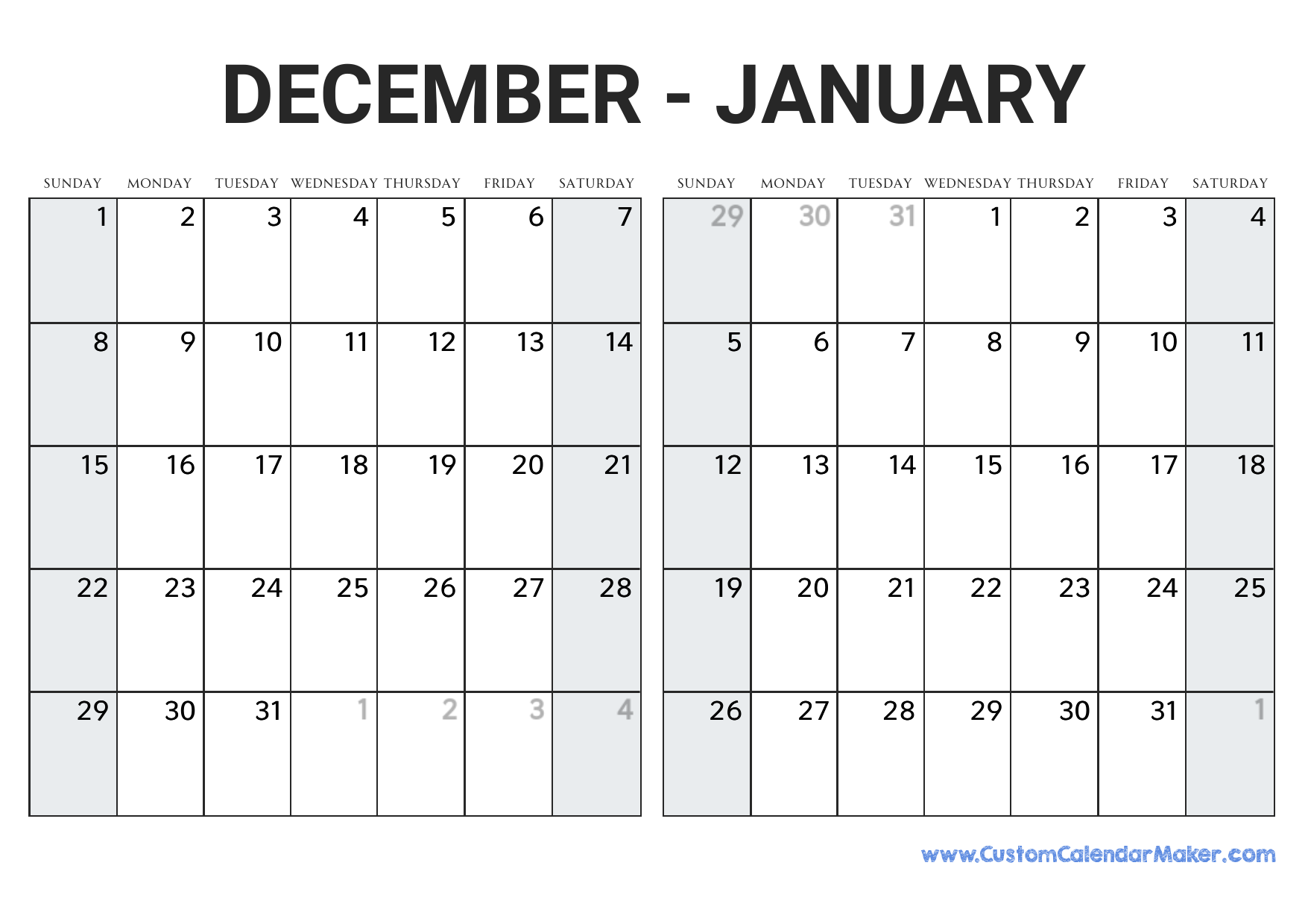 December 2024 and January 2025 Calendar