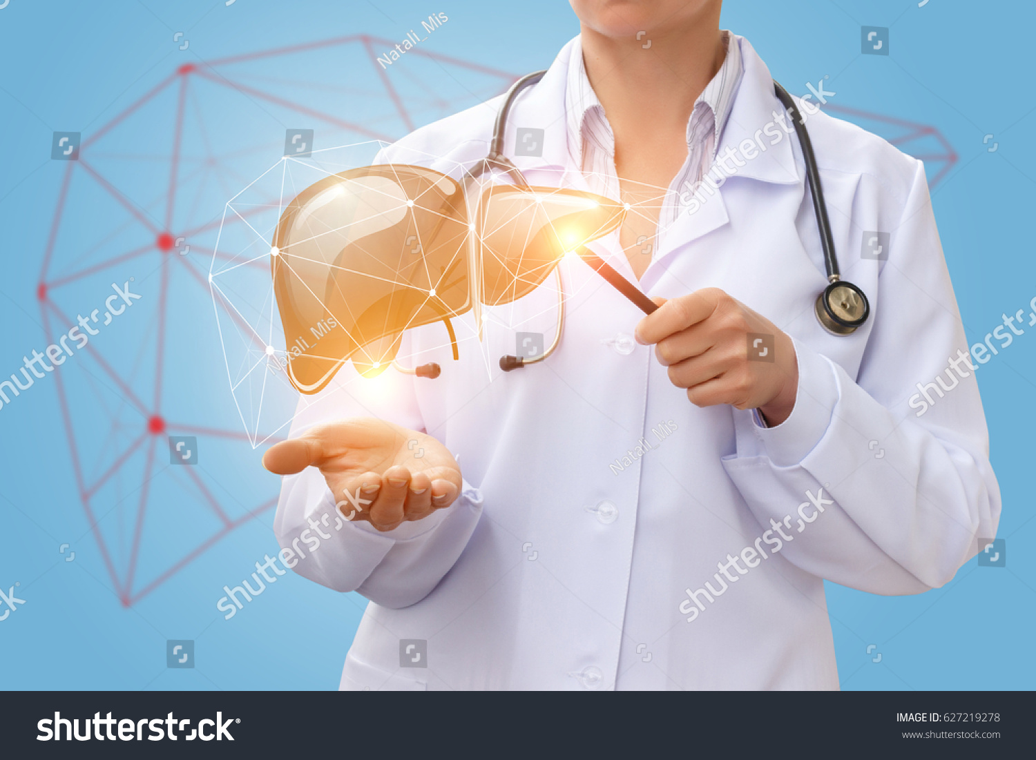 Doctor Shows Liver On Blue Background Stock Photo Edit Now