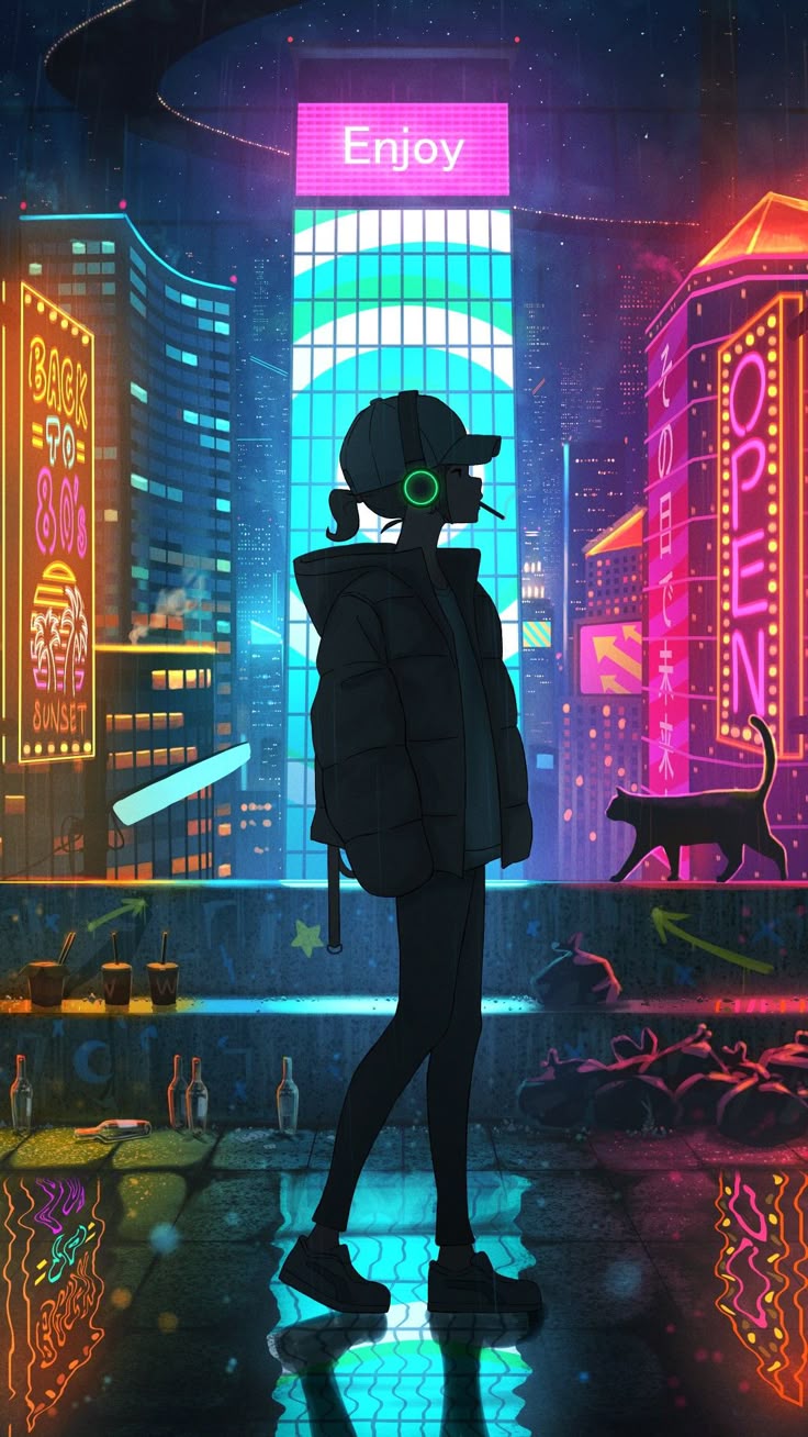 A Person Standing In Front Of Neon City Wallpaper