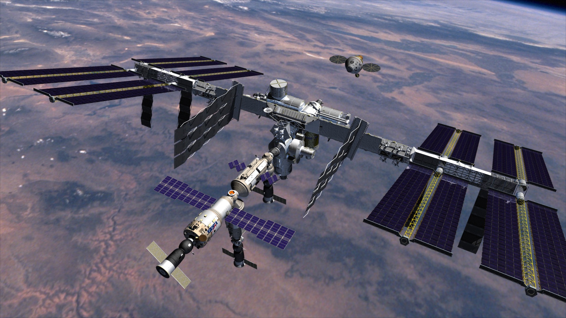 Concept Of The Orion Spacecraft Approaching International Space