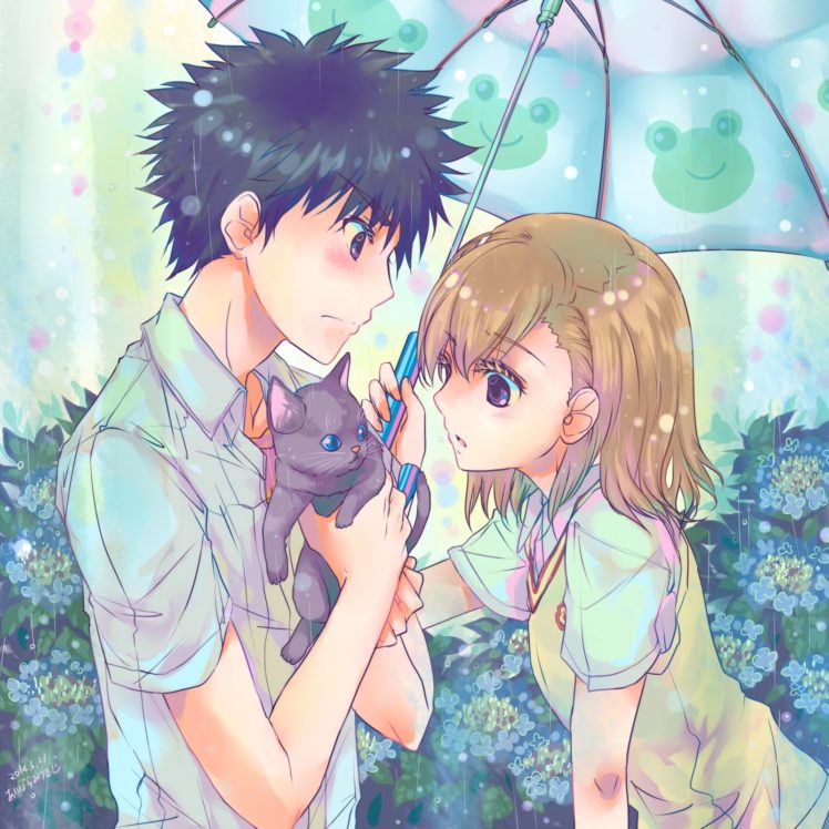 umbrella Anime Couple Cat Cute Girl Boy Rain Love