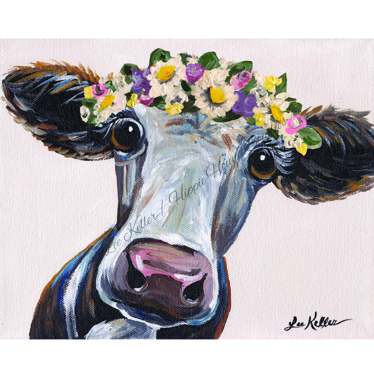 Cow Print Cora With Flower Crown Choice Of Background Colors