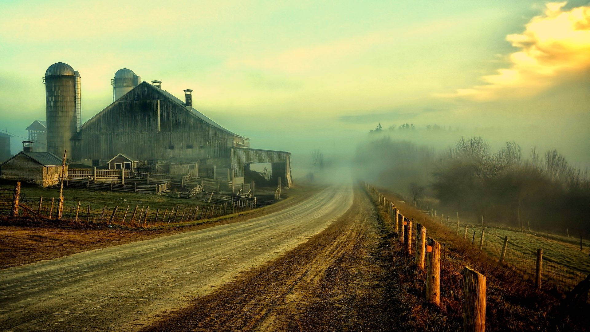  rustic roads fence sky clouds houses barn farm wallpaper background 1920x1080
