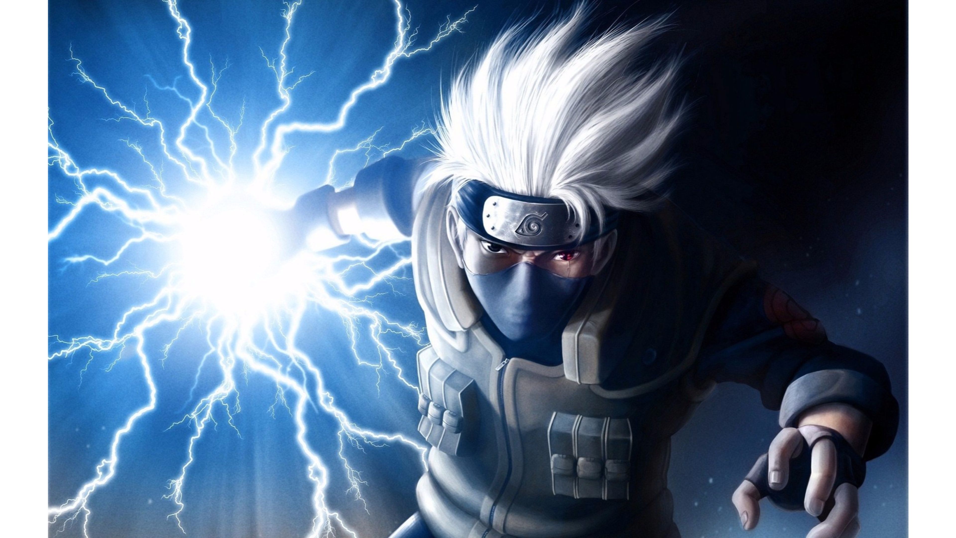 Anime character with white hair using lightning power, against a dark blue background