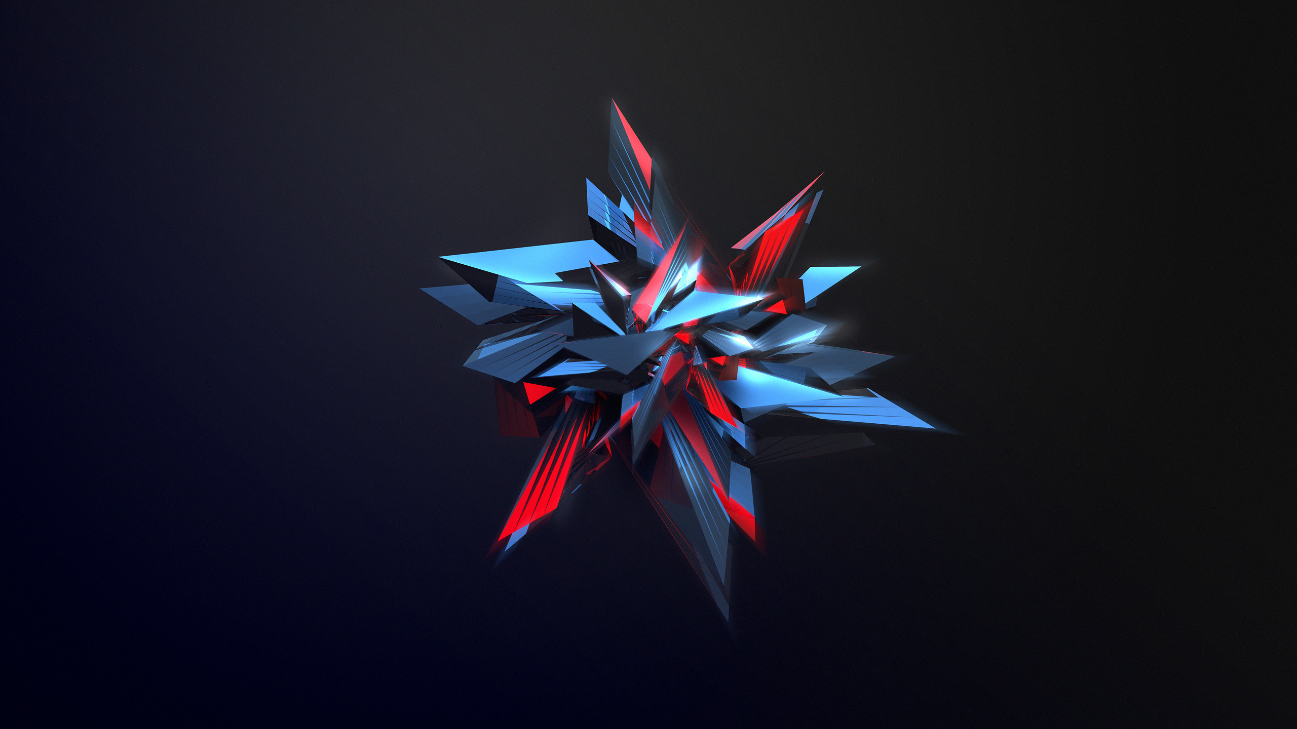 A dynamic, abstract 3D shape with sharp edges and a mix of dark gray, electric blue, and crimson red highlights against a deep, almost black background, suitable for a 4K wallpaper
