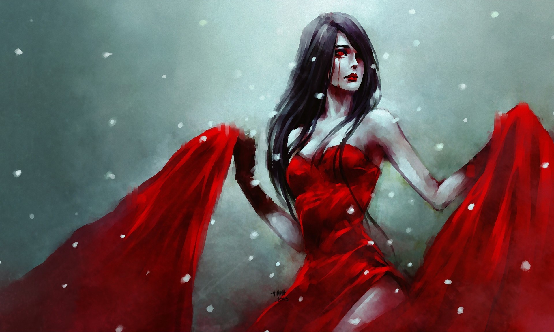 Nanfe Anime Girl Red Dress Cry Blood Snow Sadness Art Wallpaper