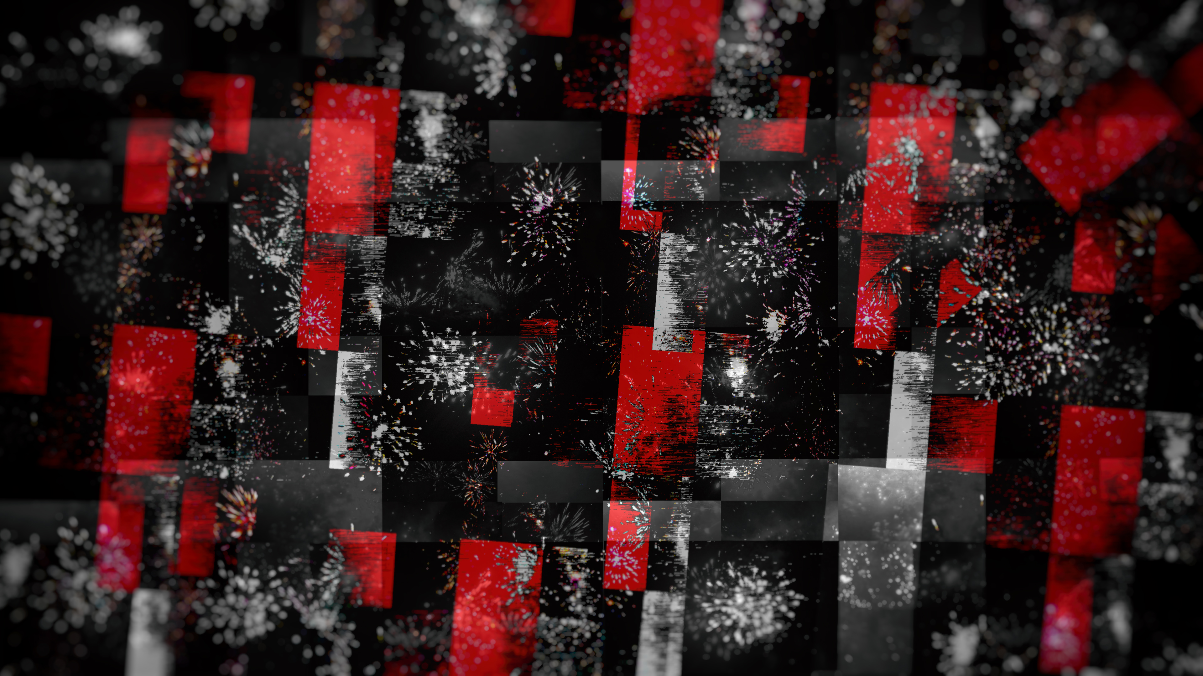 A dynamic and vibrant red and black abstract wallpaper with overlaid firework patterns, creating a sense of energy and celebration