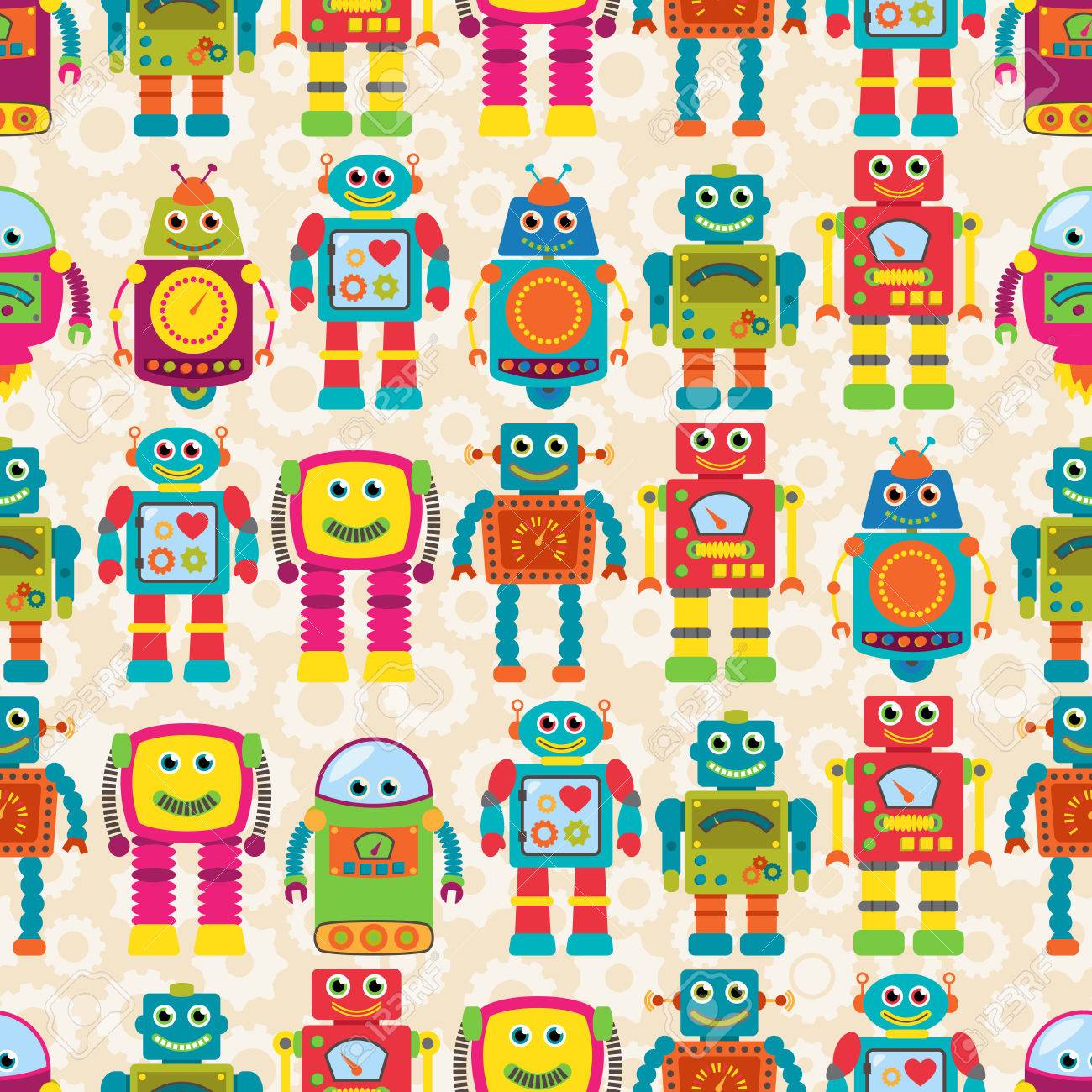Seamless Tileable Background Pattern With Cute Robots Royalty