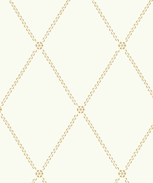 white wallpaper with chain style trellis and small medallions in gold 534x636