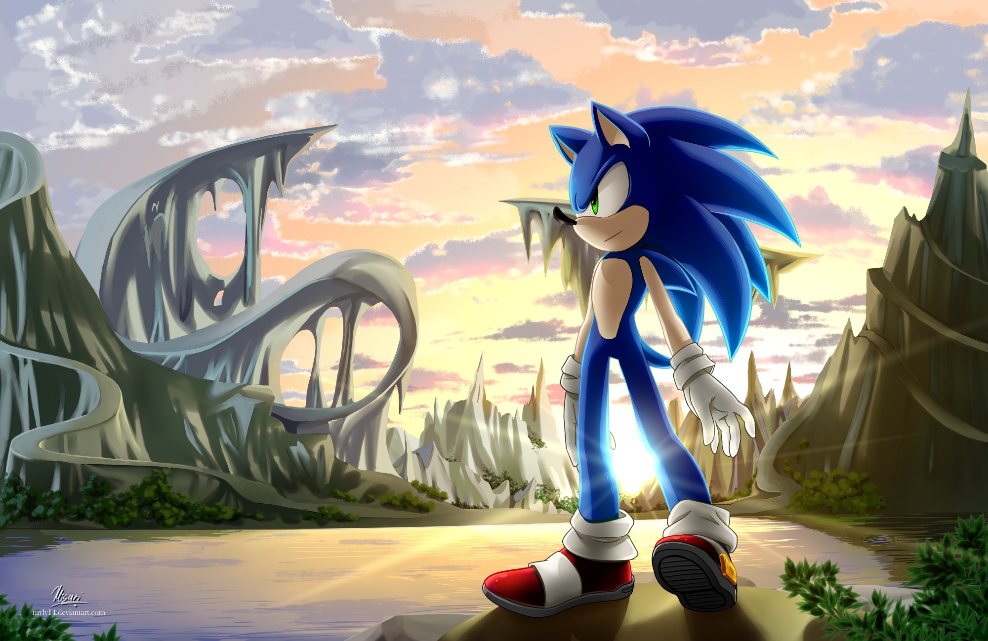 Sonic the Hedgehog standing in a majestic alien landscape at sunset