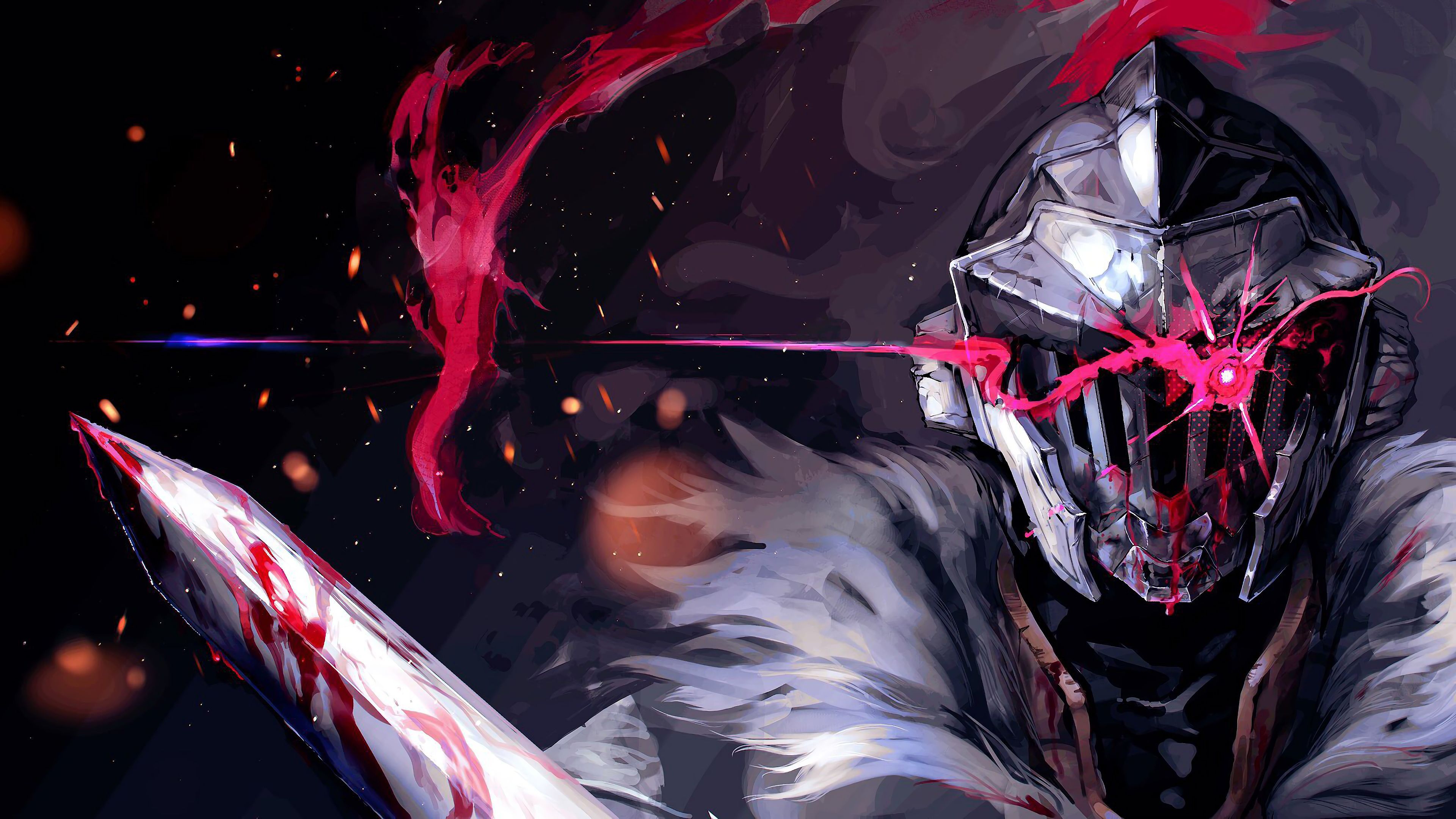 A dramatic 4K anime wallpaper featuring a knight in dark armor with a glowing red eye, wielding a bloody sword amidst a dark backdrop with red particles
