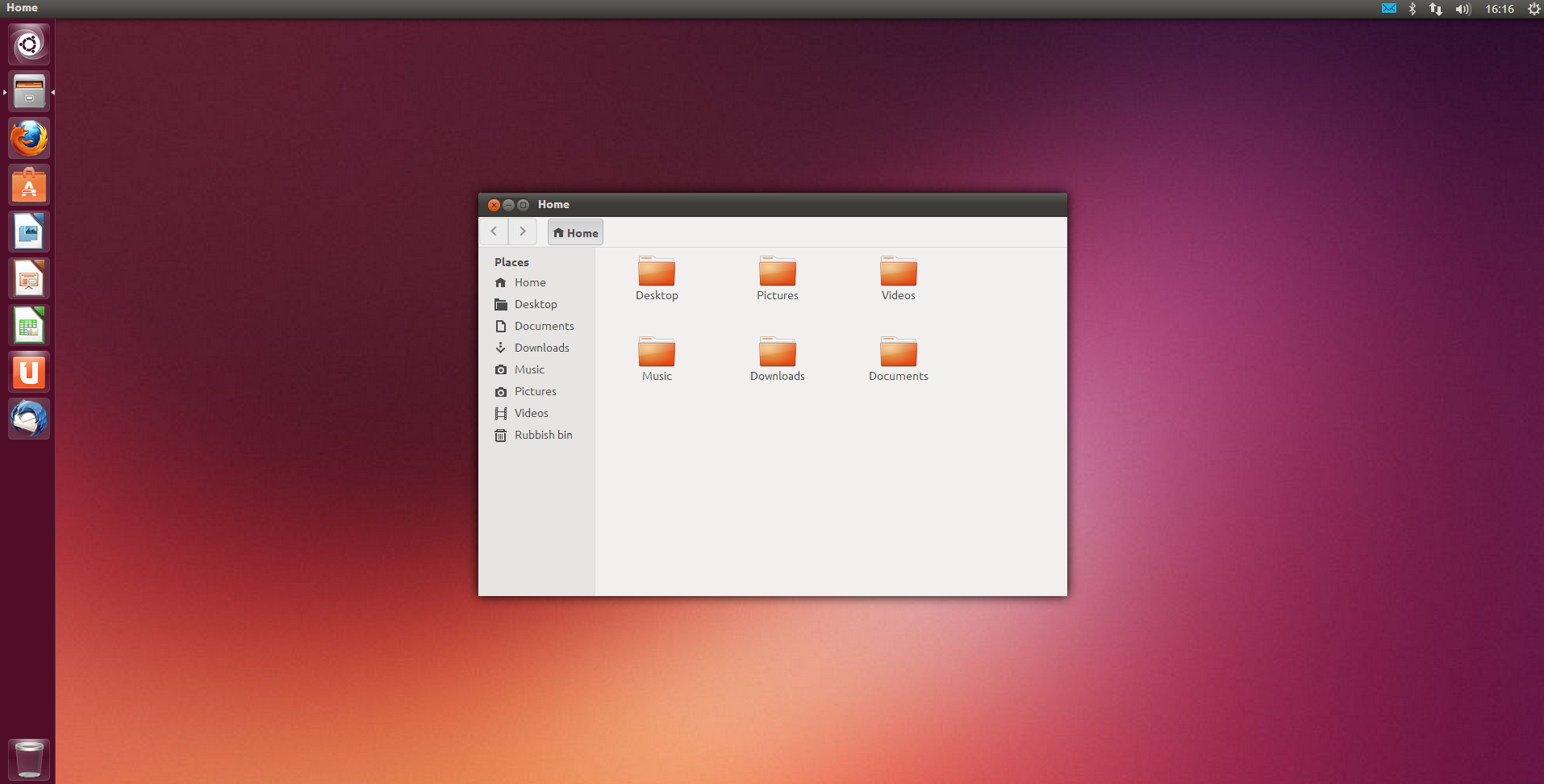 The Ubuntu desktop with the Windows File Explorer like Home Folder