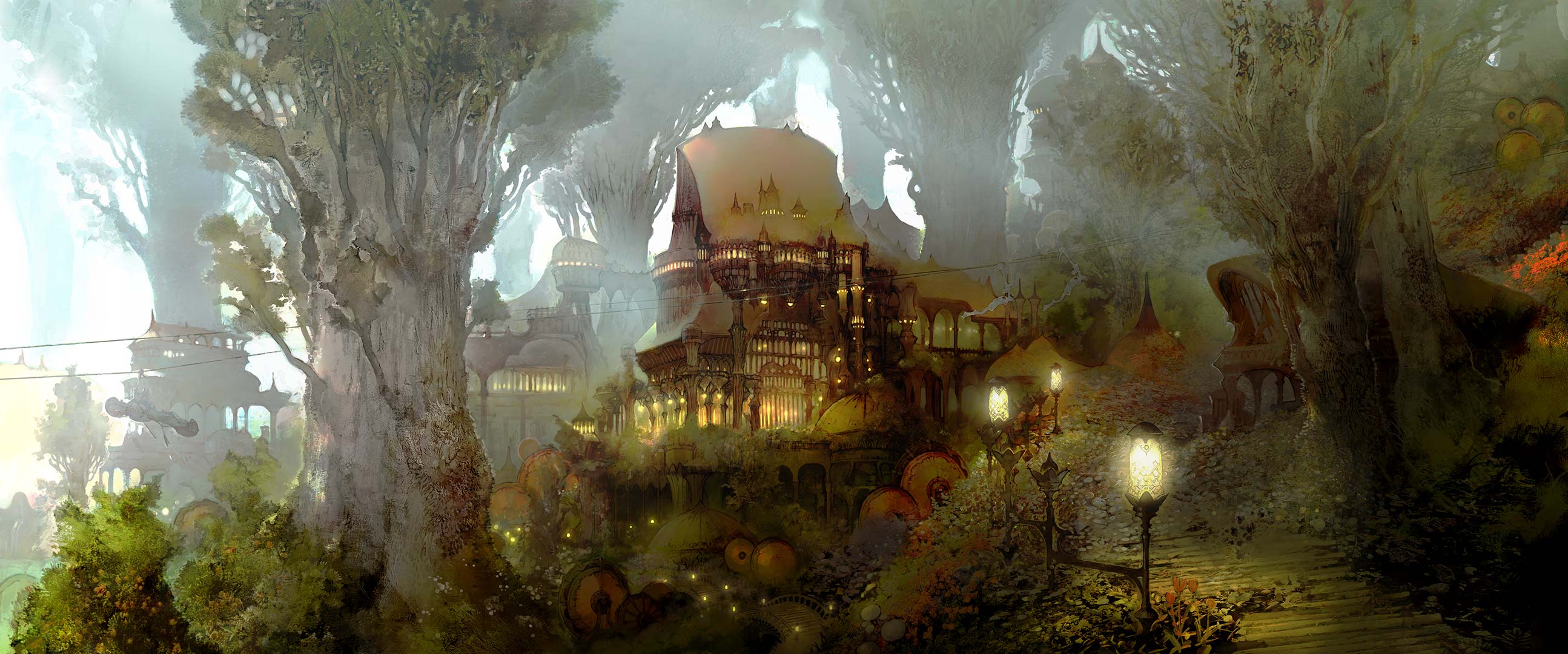 Dual Screen Forest Citadel Final Fantasy Wallpaper
