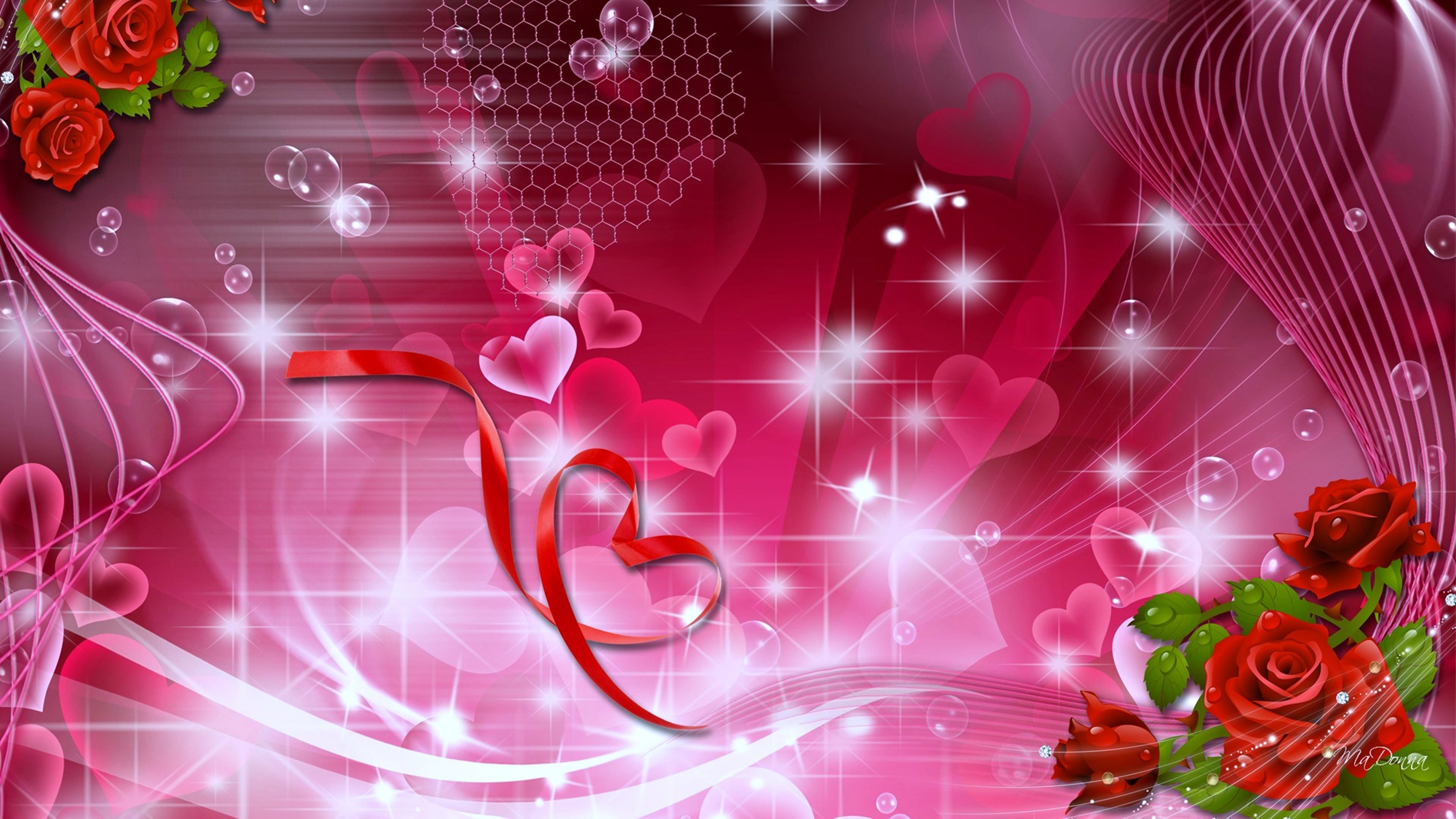A vibrant Valentine's Day wallpaper featuring red roses, hearts, ribbons, bubbles, and sparkling stars on a pink and red background