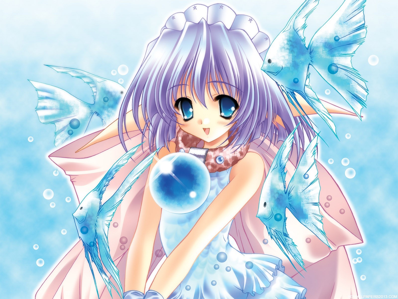 A cute anime girl with lavender hair, surrounded by stylized blue fish and bubbles, holds a translucent blue orb