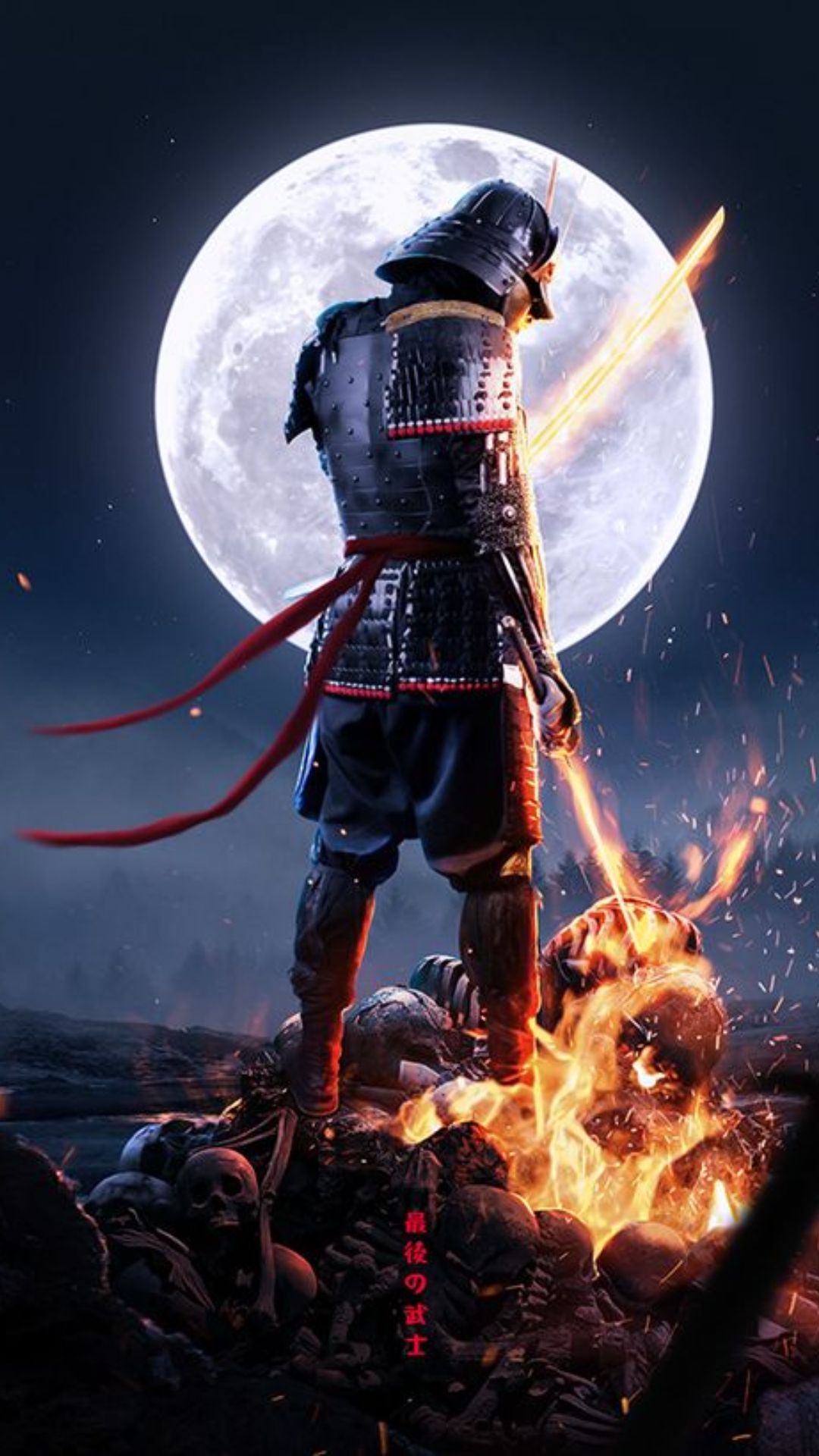 A samurai stands victorious under the full moon, his sword ablaze, atop a pile of burning skulls, a scene of powerful symbolism
