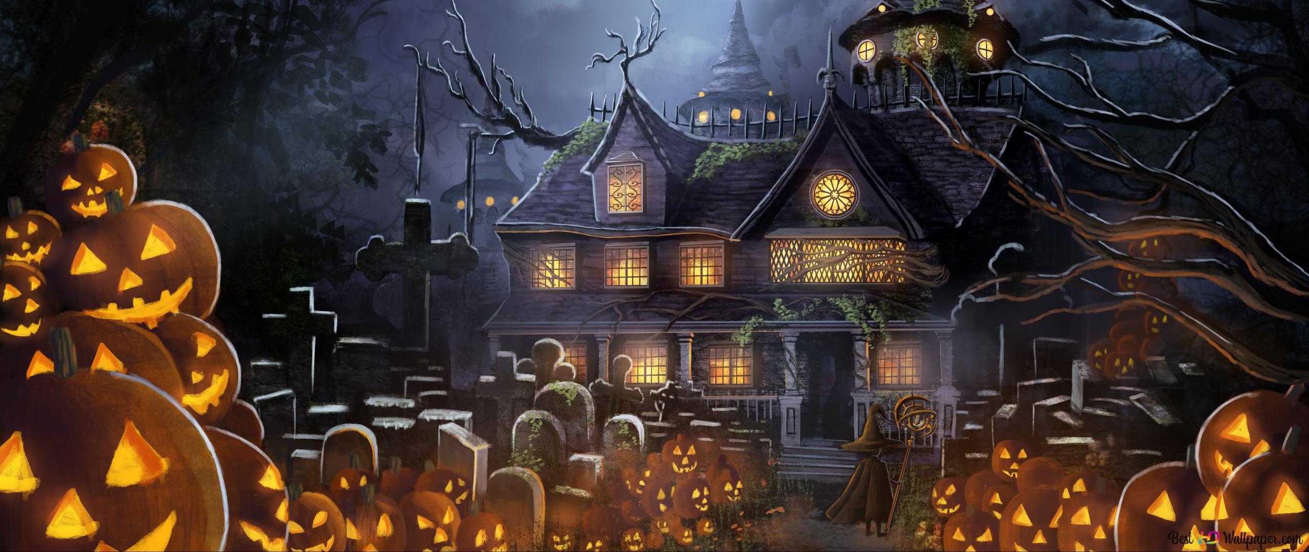 Halloween Pumpkin Haunted House 4k Wallpaper