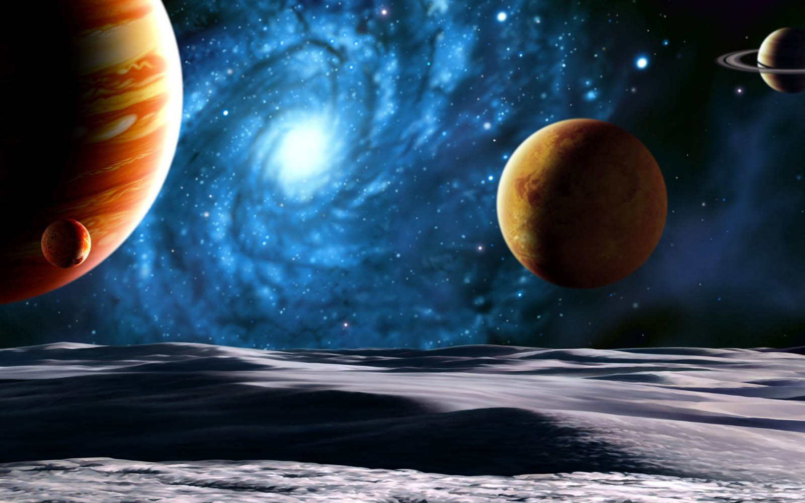 A breathtaking view of a galaxy with multiple planets, seen from the surface of a celestial body