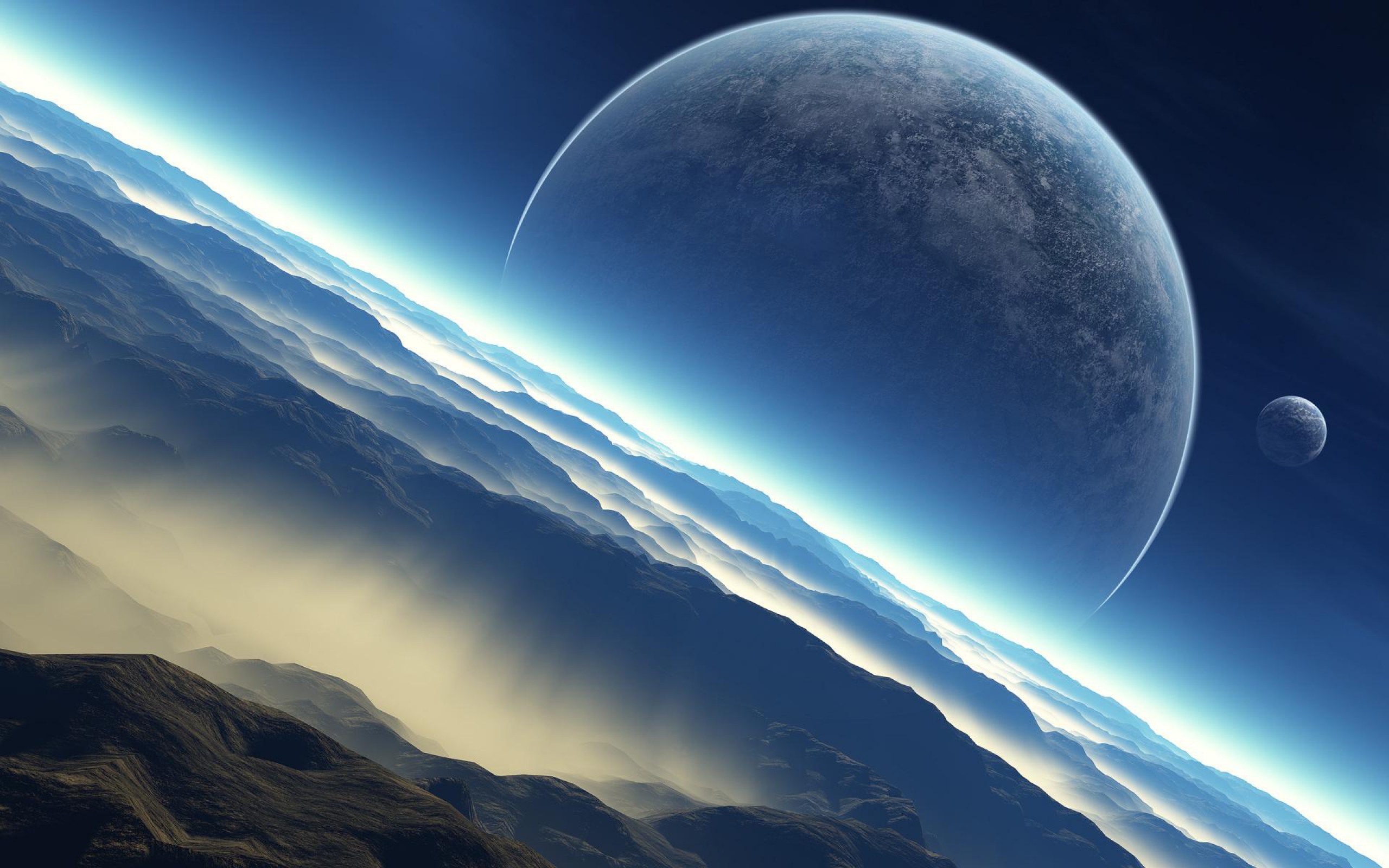 A breathtaking view of a planet's horizon with another planet and a moon in the sky, perfect for a universe-themed iPhone wallpaper