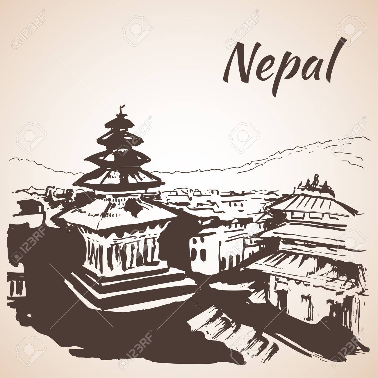 Kathmandu Durbar Square Nepal Sketch Isolated On White