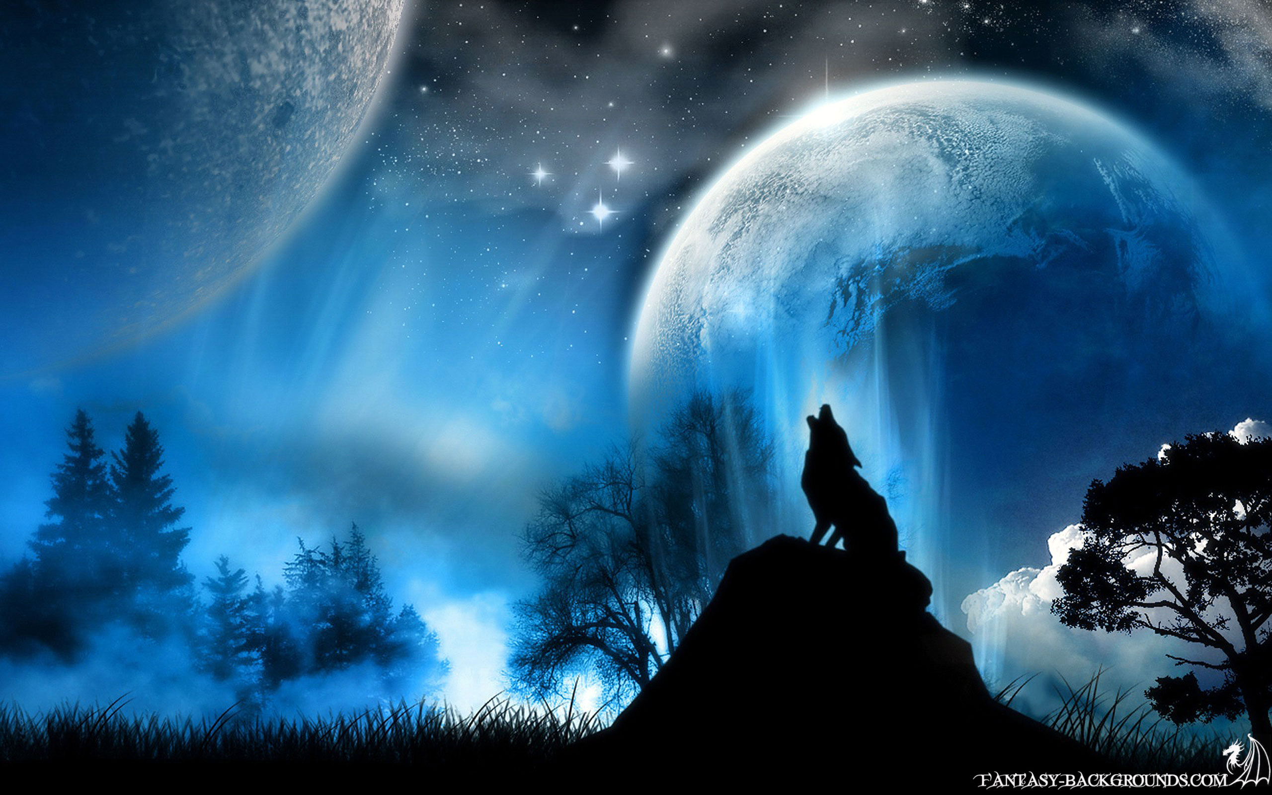 Fantasy Desktop Wallpaperwolf And Moon Blue Wallpaper