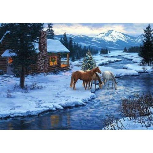 Us Equestrian Winter Horse Cabin Scene Christmas Card