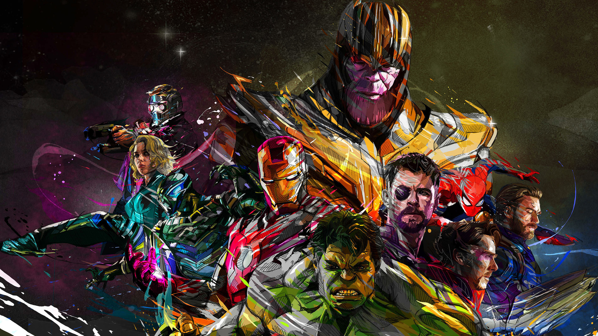 A vibrant and dynamic illustration featuring an ensemble of Marvel superheroes, including Thanos, Iron Man, Hulk, Thor, Captain America, Black Widow, Spider-Man, Star-Lord, Doctor Strange and others, posed against a colorful backdrop