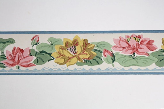 Pink And Yellow Water Lillies Lily Pads Bathroom Border Inch