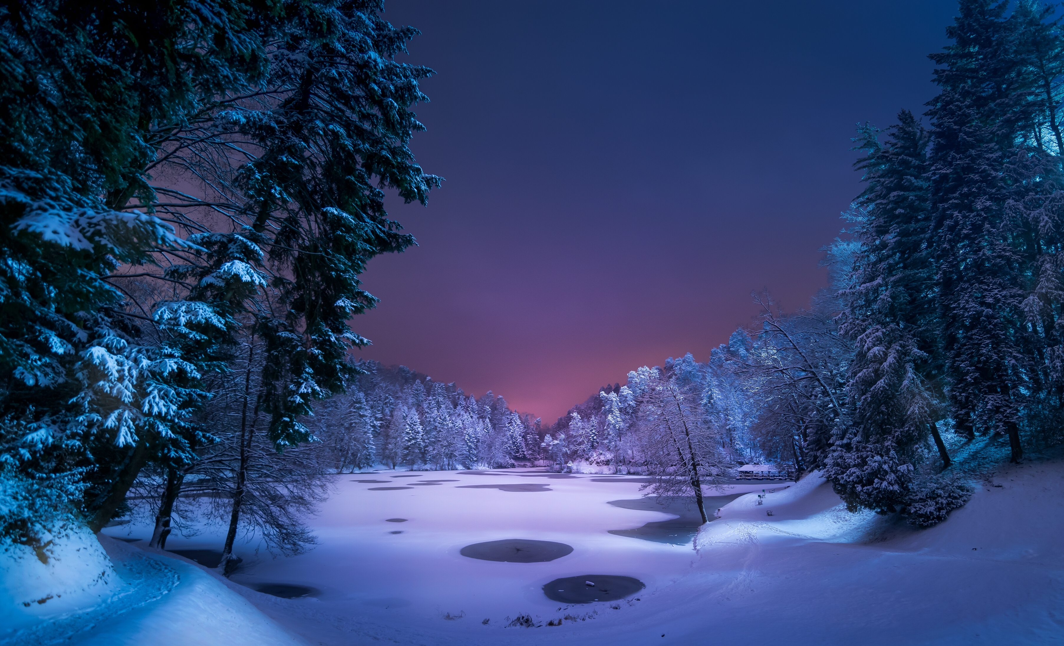 Picture Nature Winter Lake Snow Forests Night Time