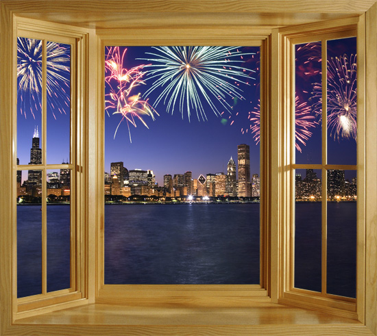 Window Frame Wall Sticker Of Fireworks Over Chicago Skyline Peel