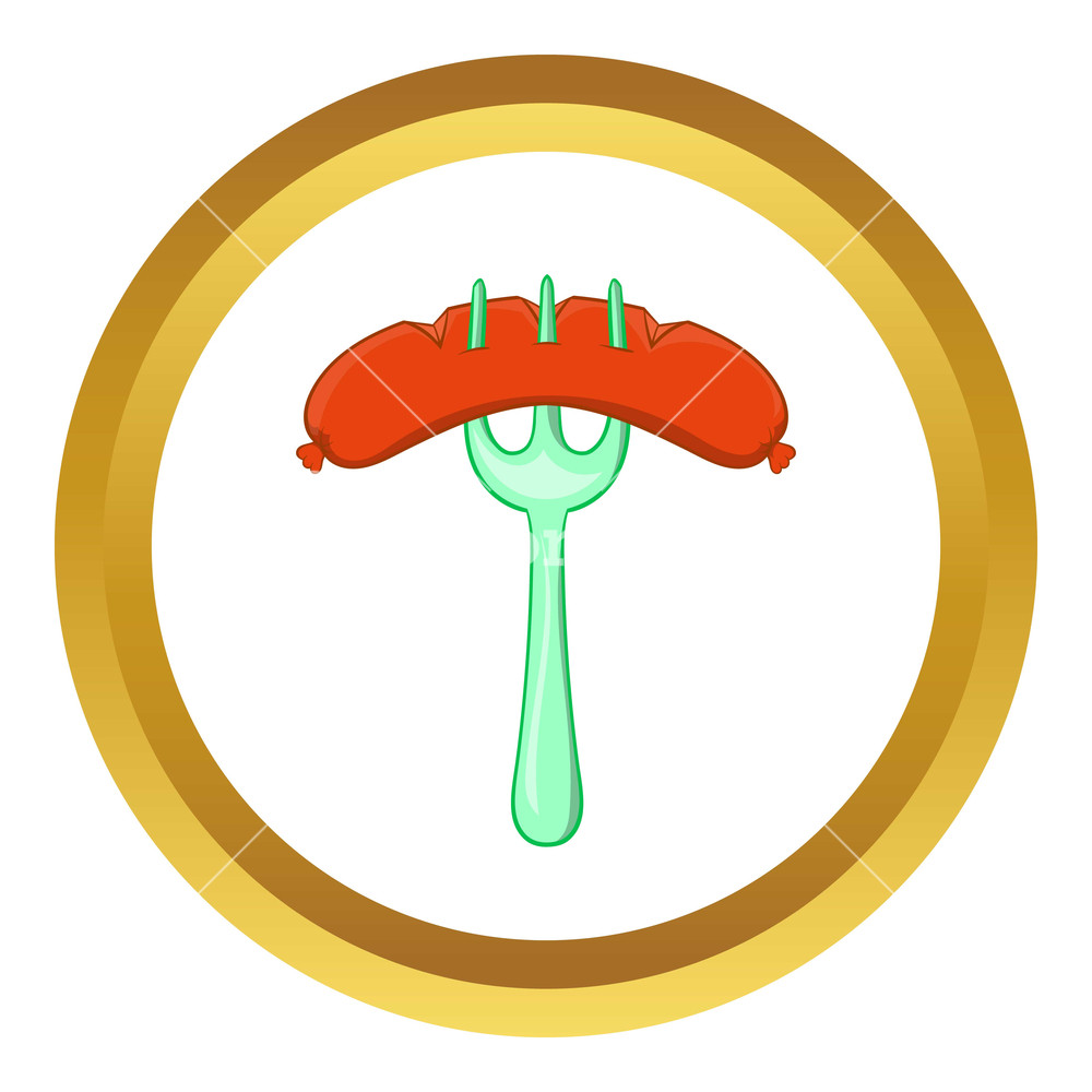 Grilled Sausage On A Fork Vector Icon In Golden Circle Cartoon