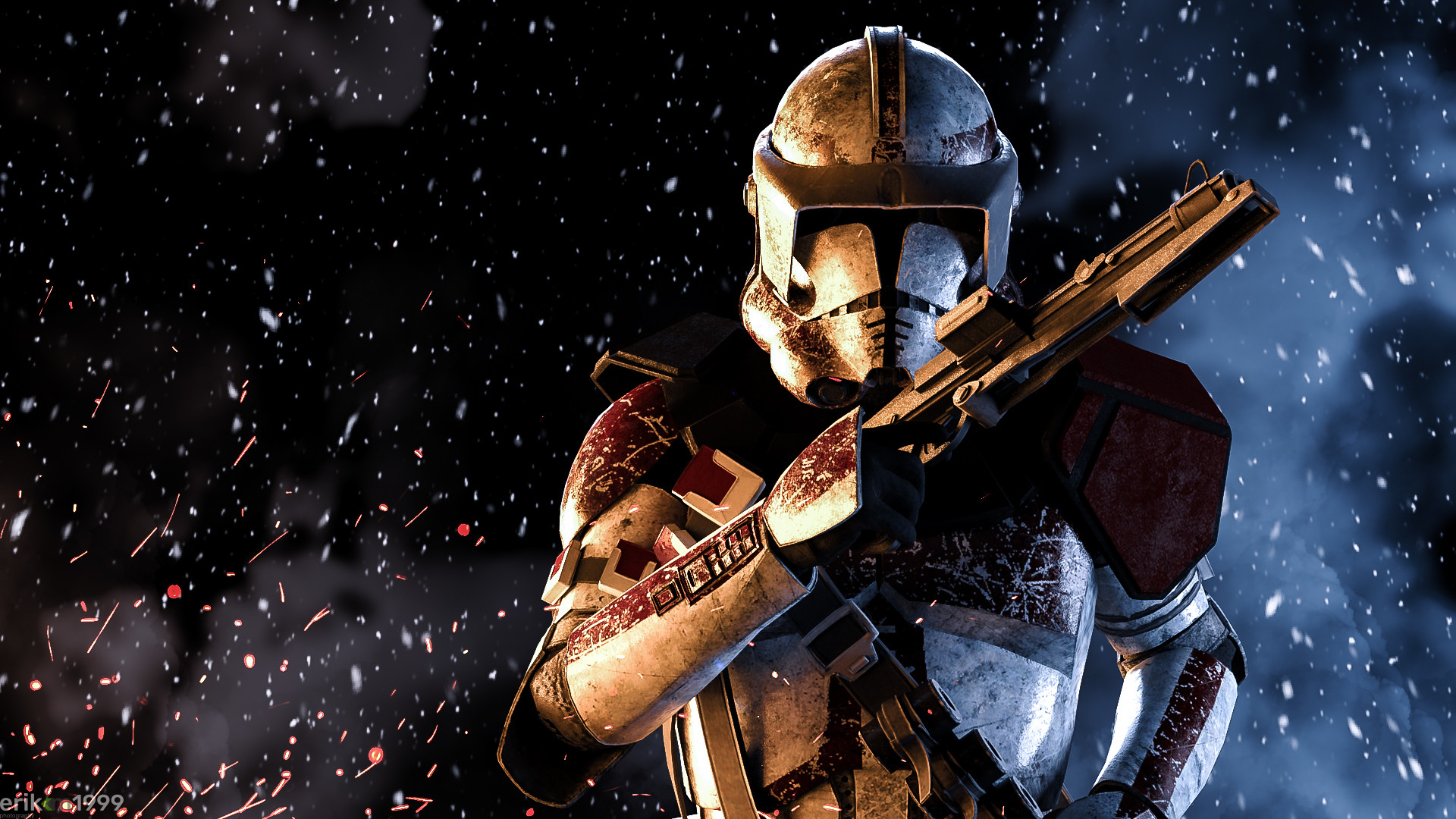 A 4K wallpaper featuring a clone trooper from Star Wars in battle-worn armor, holding a blaster rifle amidst a snowy battlefield with sparks flying around