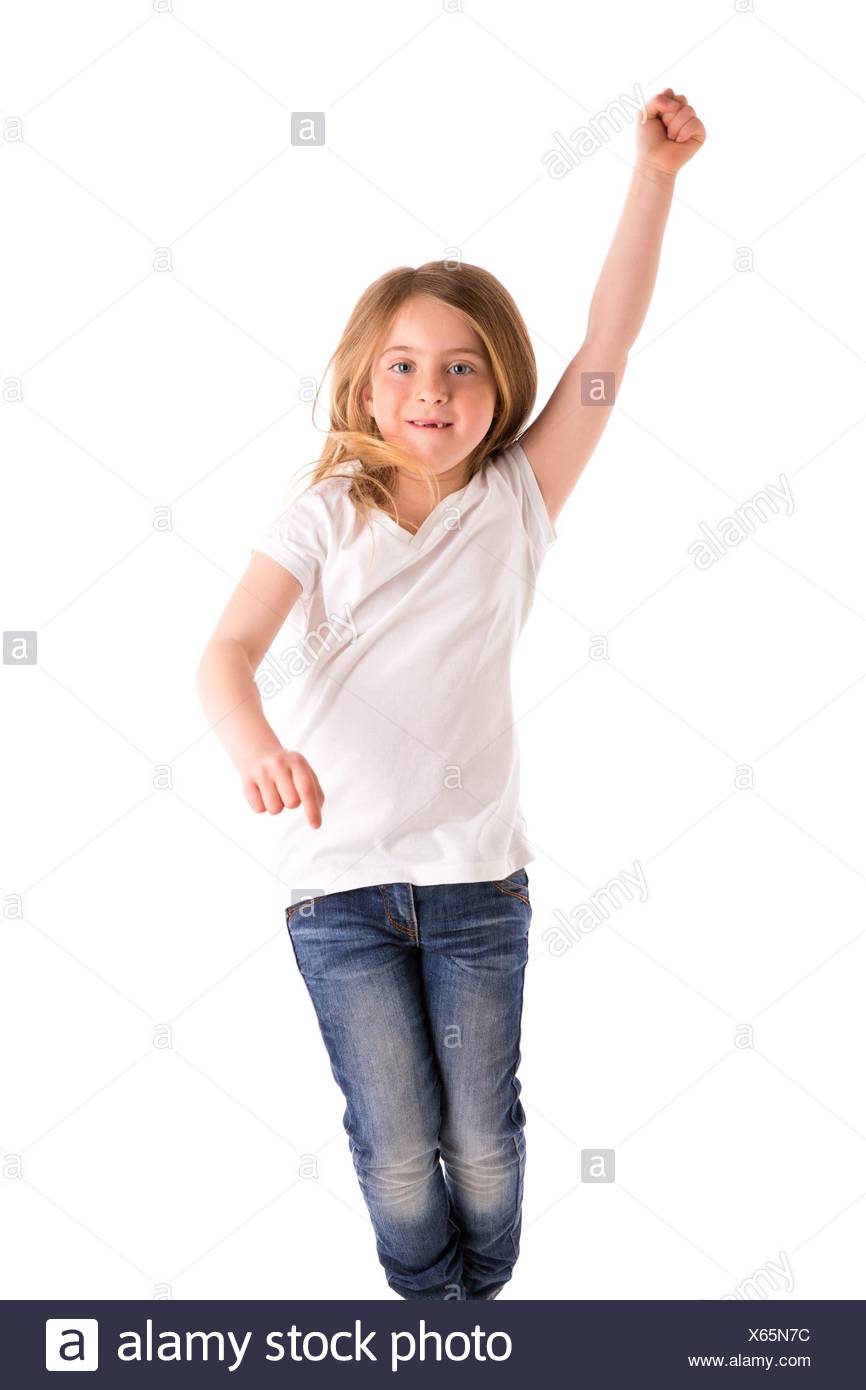 Free download blond kid girl indented jumping high wind on hair denim ...