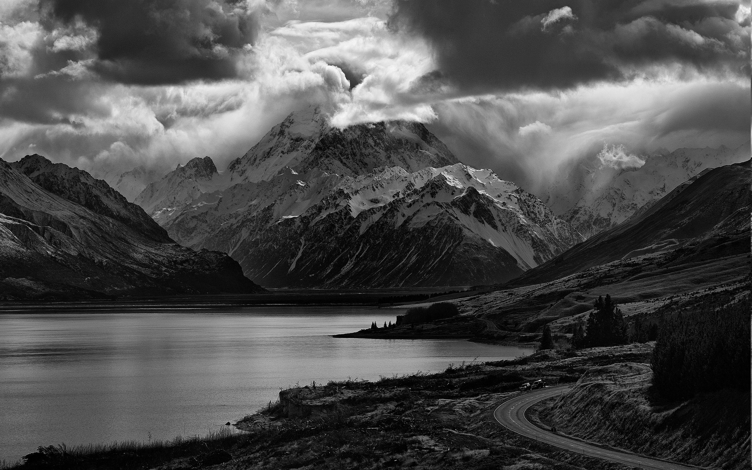 Nature Landscape Lake Mountain Road Clouds Monochrome Scotland Trees Snowy Peak Dark Wallpaper