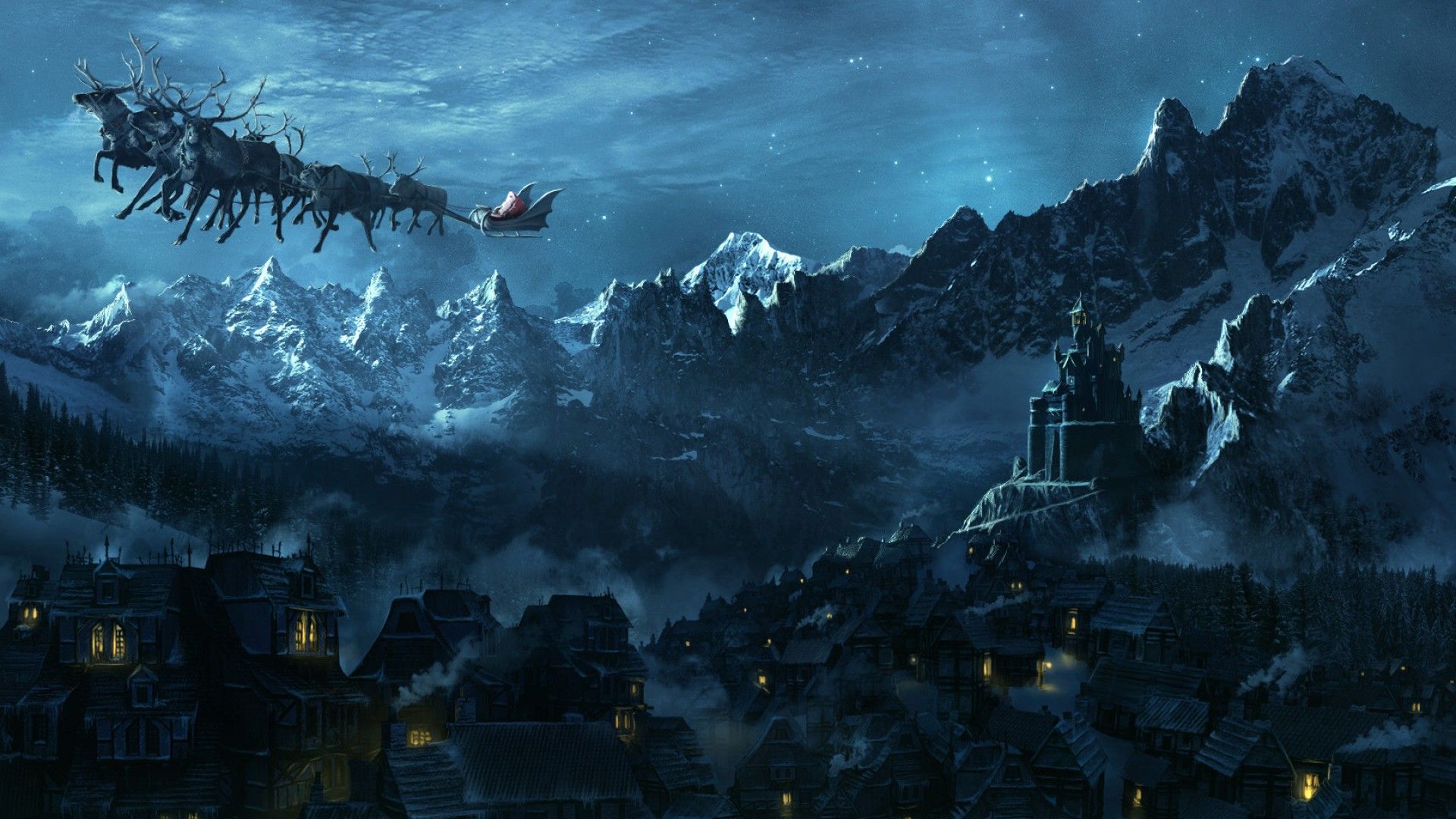 Santa Claus flying his sleigh pulled by reindeer over a snow-capped mountain village on a starry night