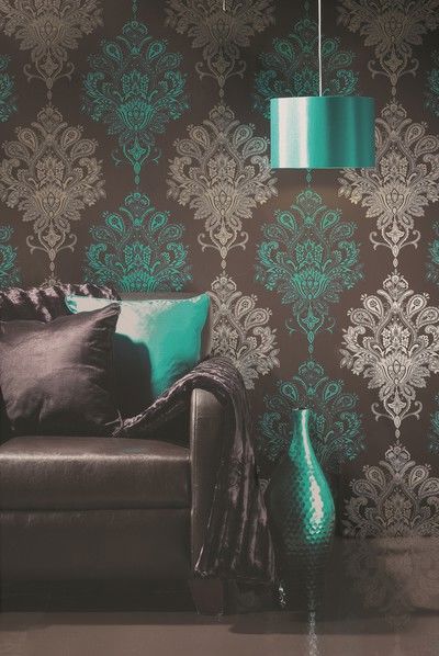 Details about Very Funky Large Scale Damask Modern Edgy Choc Teal
