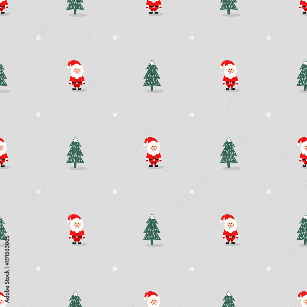 Xmas tree Santa Claus and snowflakes cute seamless pattern on