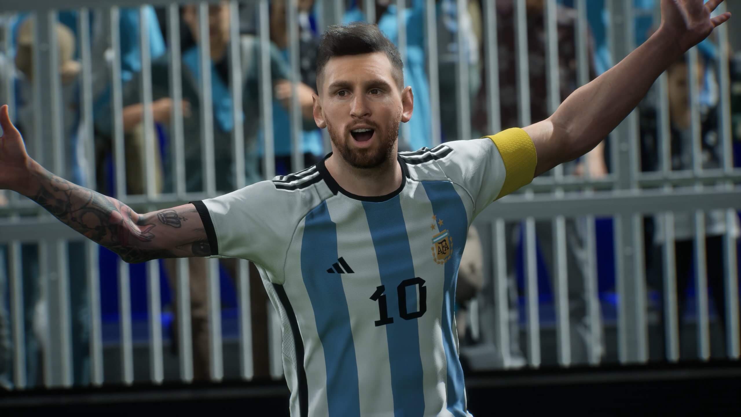 Lionel Messi celebrating a goal in PES 2024, wearing the Argentina national team jersey