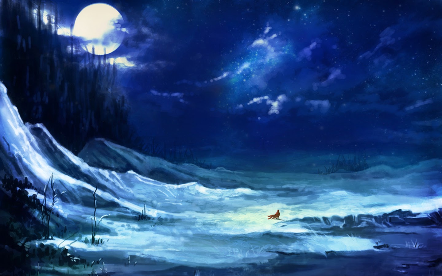 Landscape Snow Night Full Moon Scenery Girl Animation HD Wallpaper