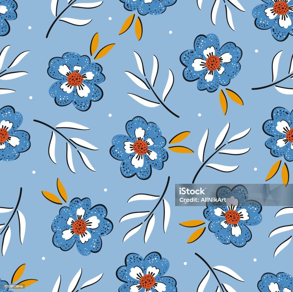 Vector Floral Seamless Pattern Beautiful Blue Flowers And Leaves