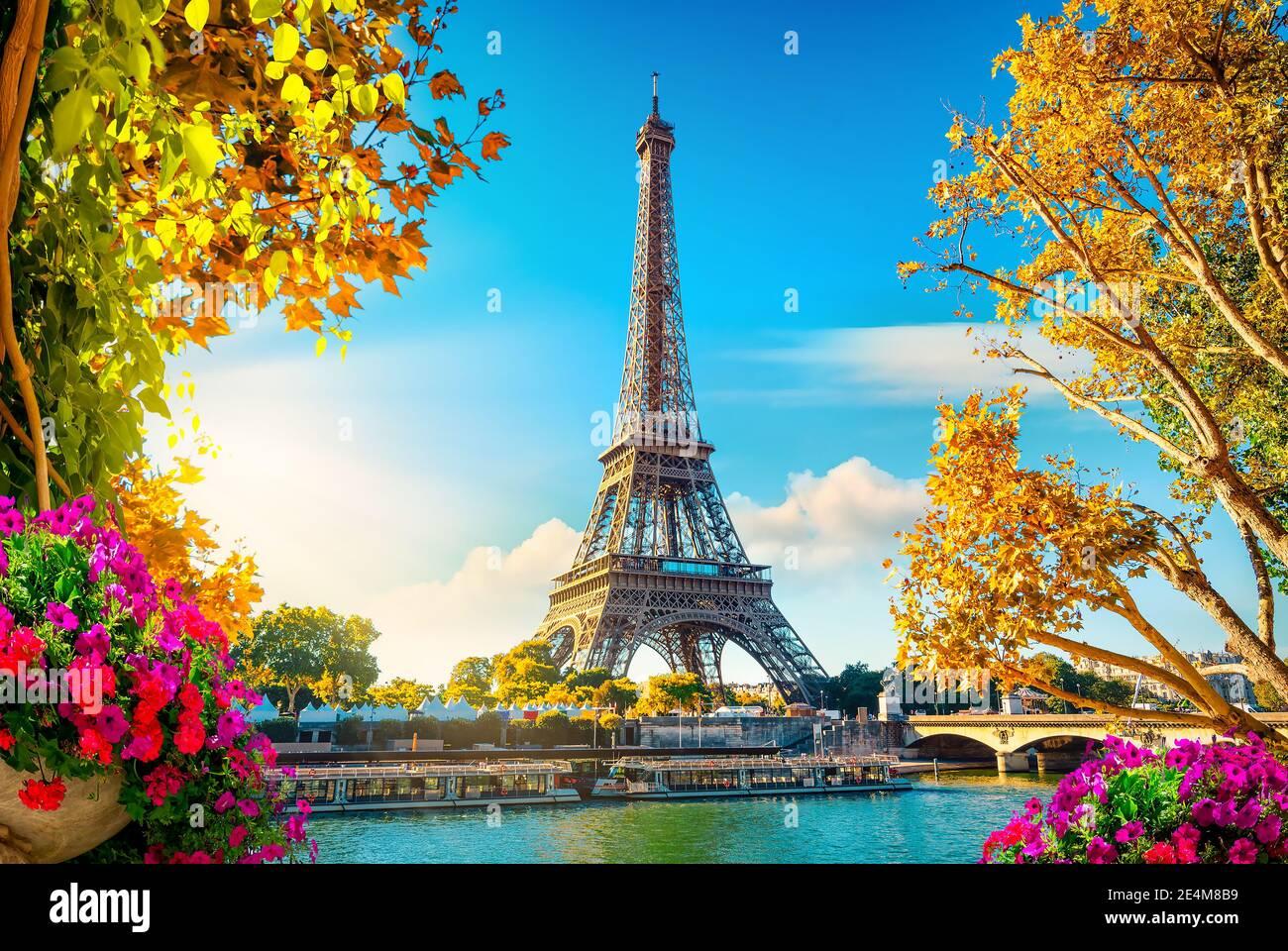 Seine In Paris With Eiffel Tower Sunrise Time Stock Photo