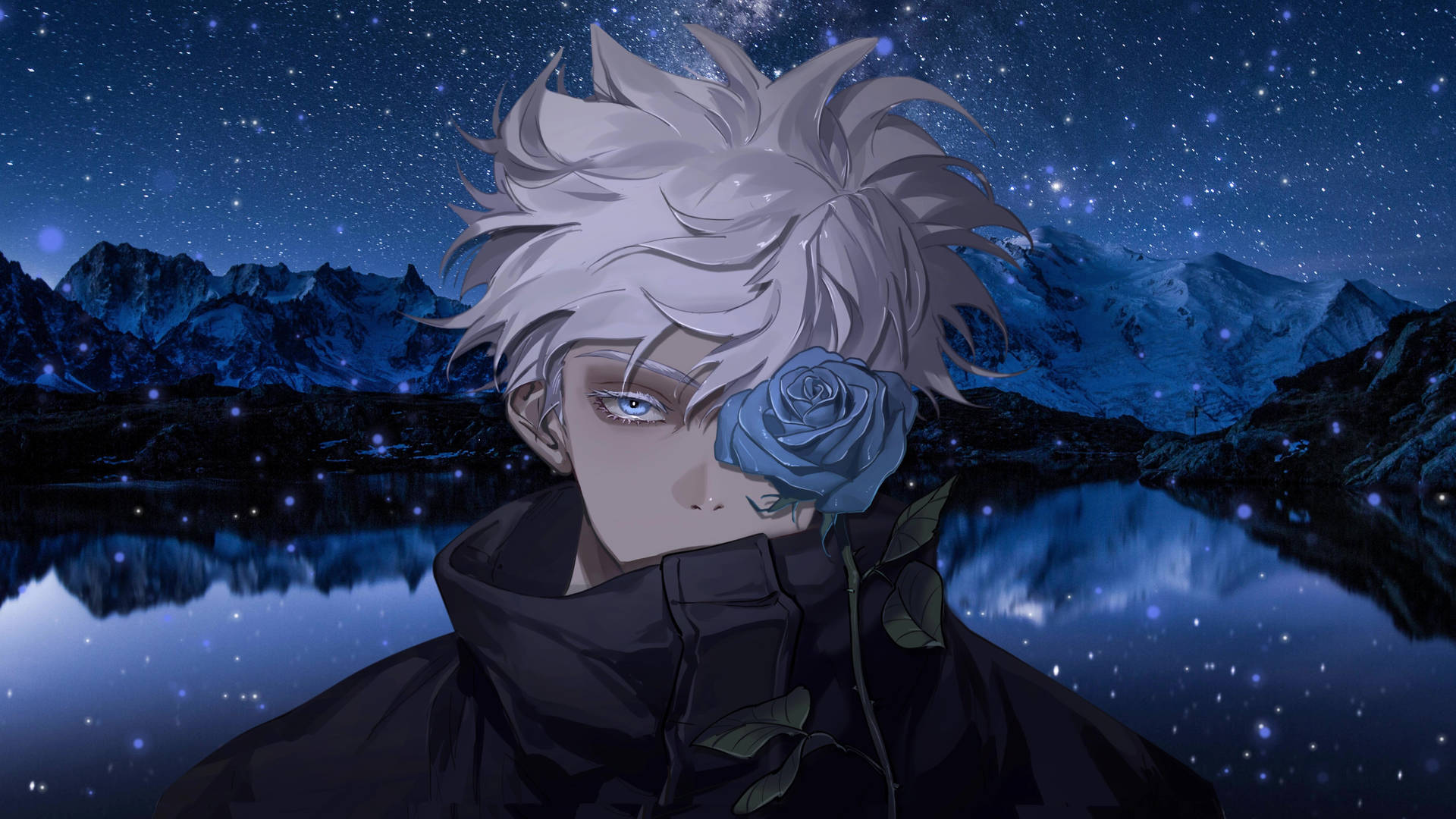 Anime-style character with white hair and a blue rose against a backdrop of a starry night and snowy mountains