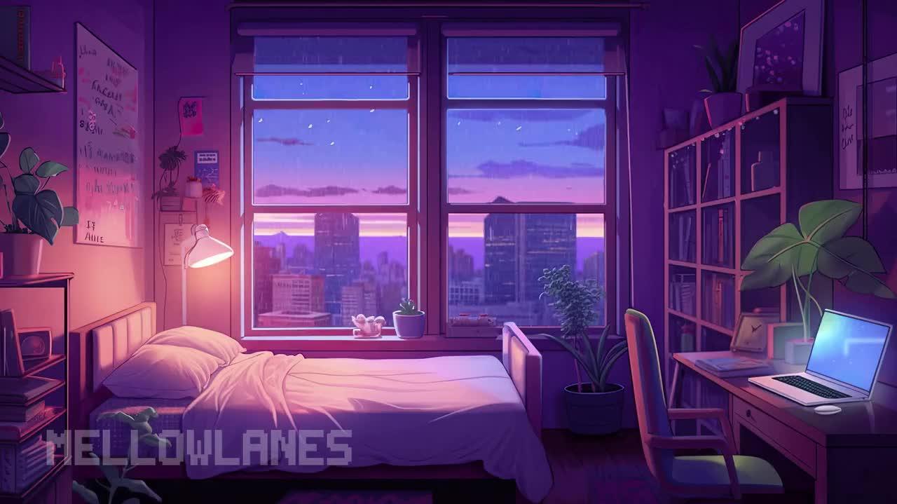 Vtuber Background Animated Cosy Lofi Purple Bedroom Looped