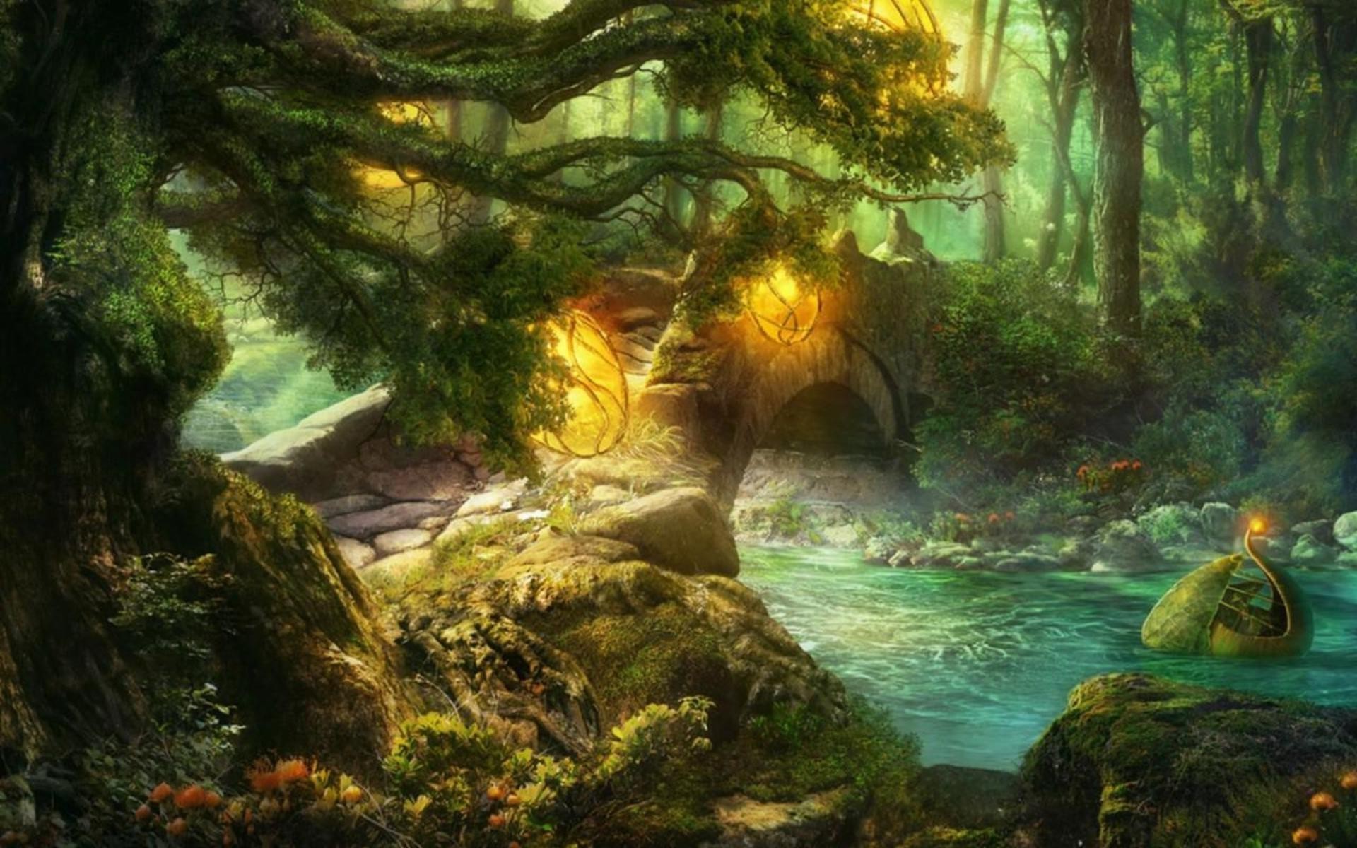 Stone Bridge In Fairytale Forest Wallpaper