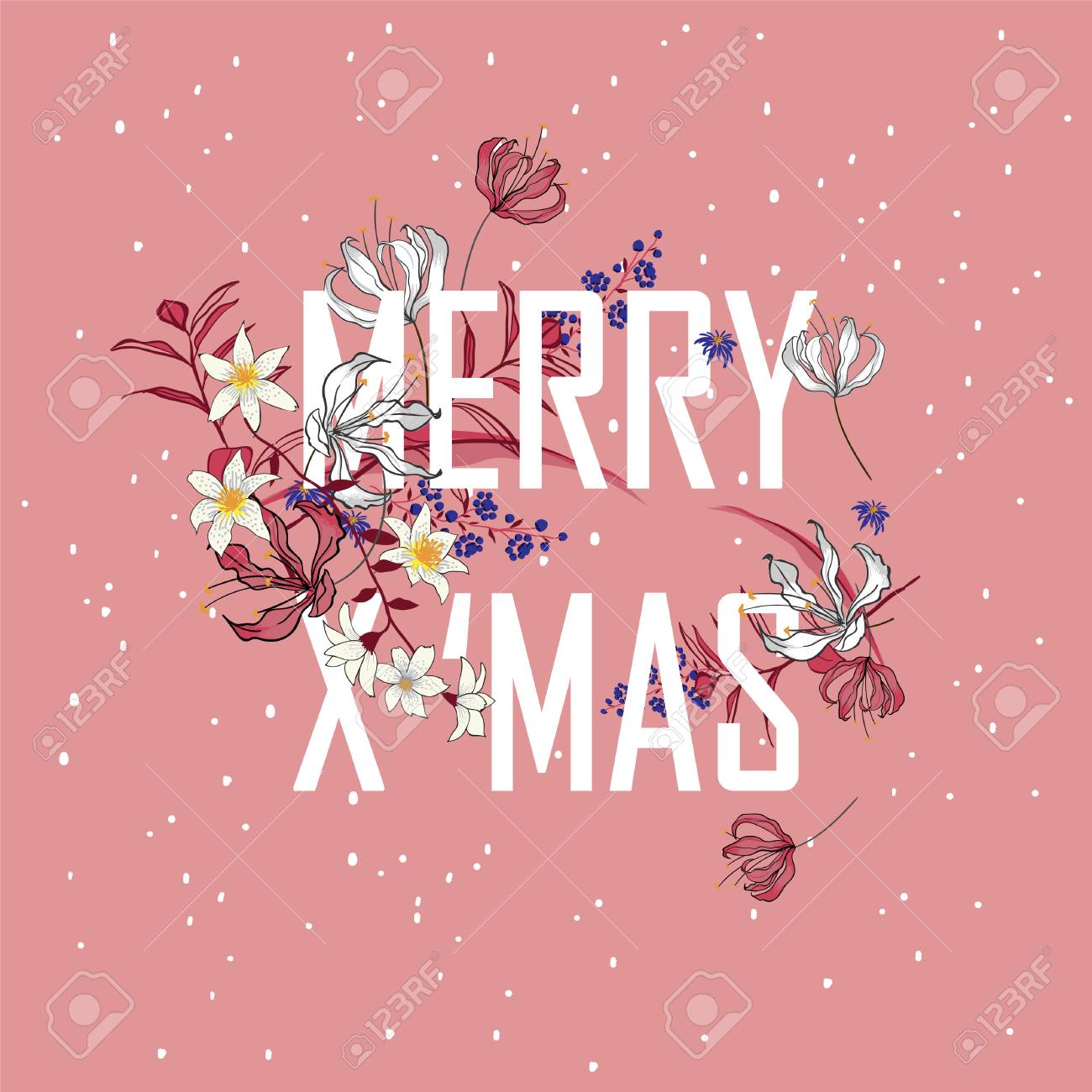 Christmas Blooming Decorative Typo Of Flowers Holiday Garland